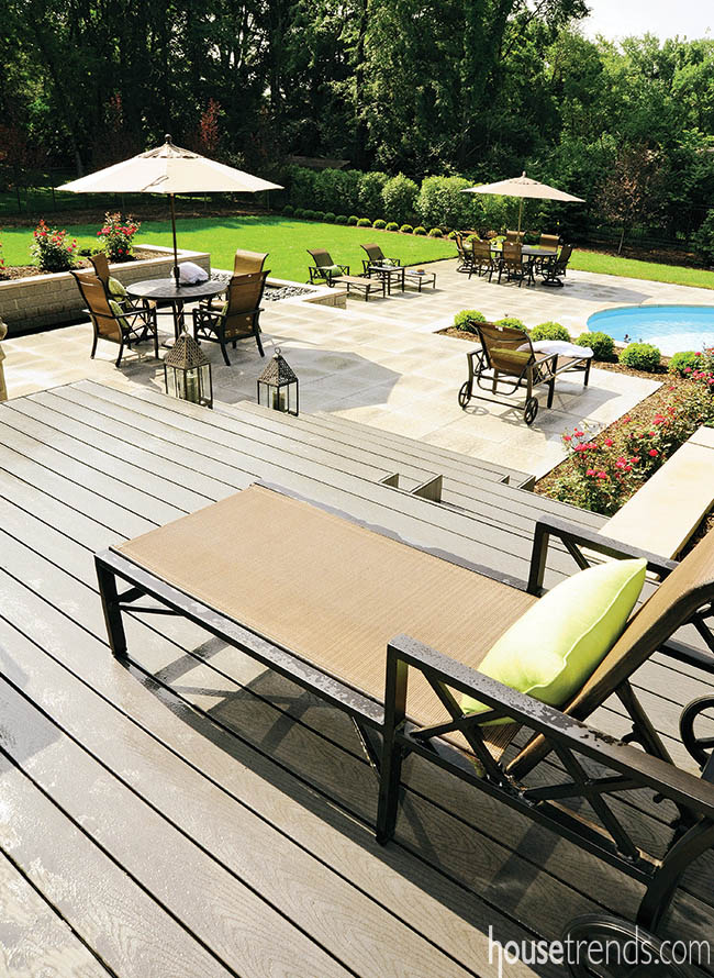Back yard with multiple gathering spaces