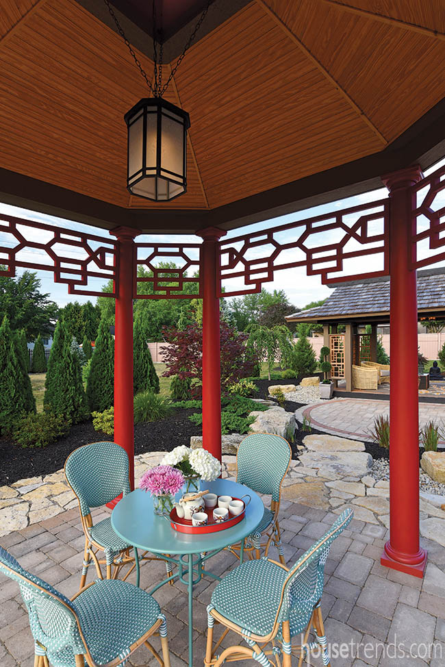 Carved transoms accentuate a gazebo