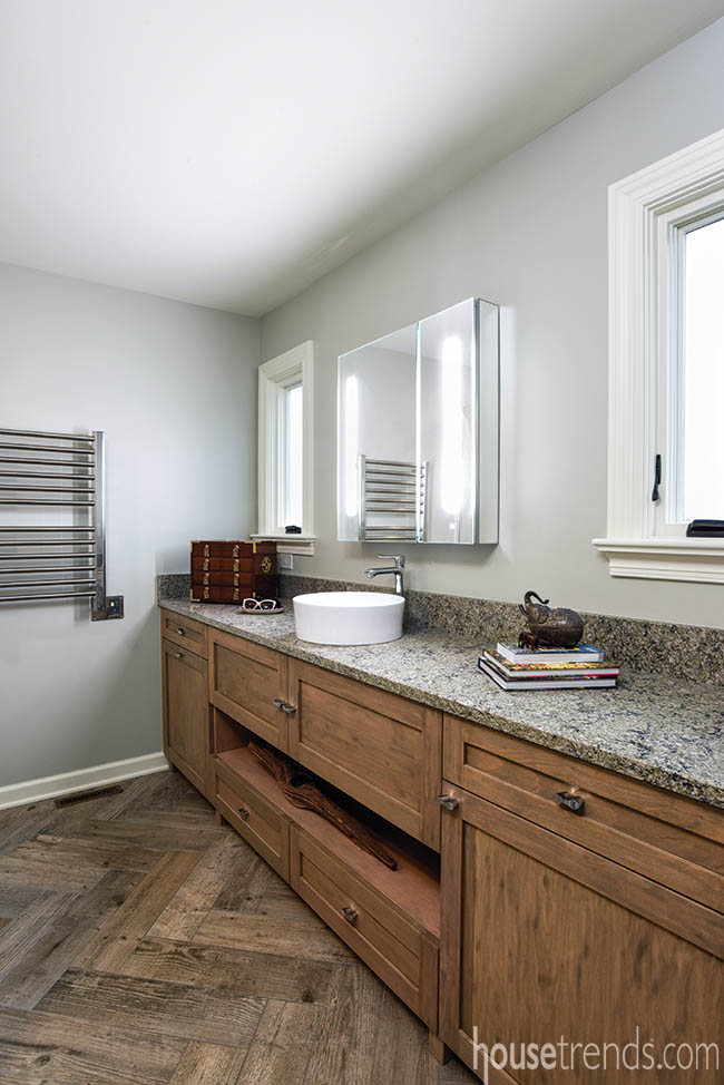 Bathroom flooring mimics reclaimed wood