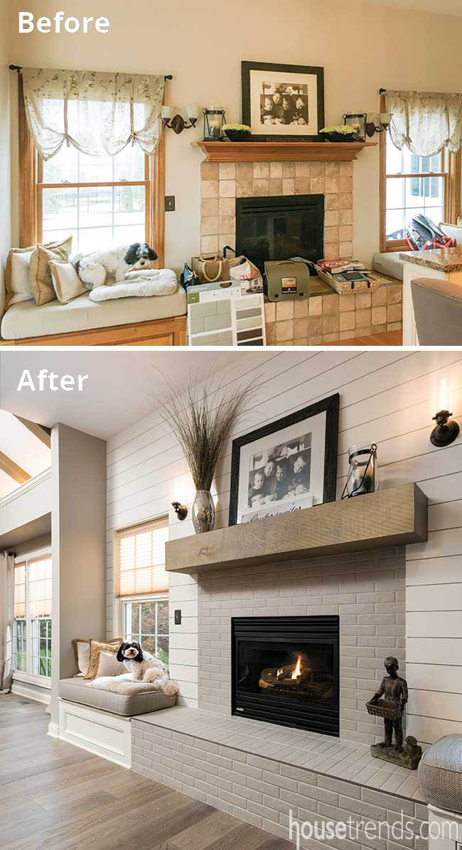 Window seat overlooks a remodeled fireplace