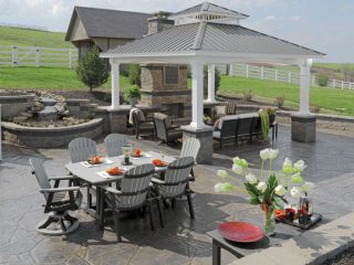 Outdoor water fountains define patio spaces