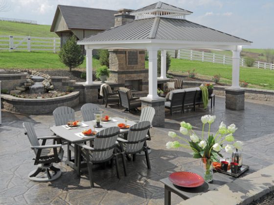 Outdoor water fountains define patio spaces