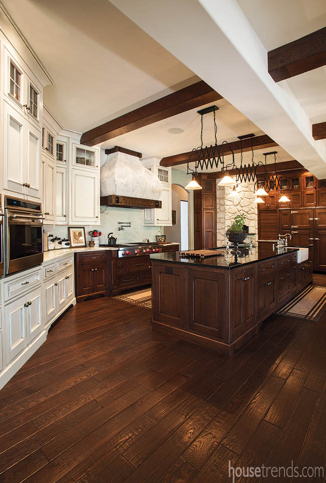 Wood beams mimic harwood flooring below
