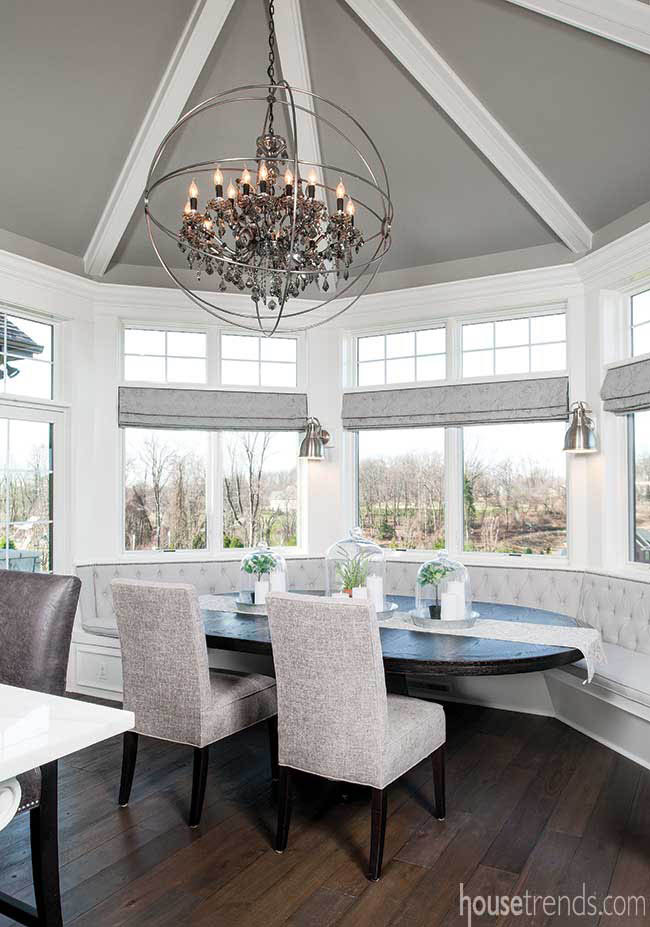 Windows lend natural light to an eating area