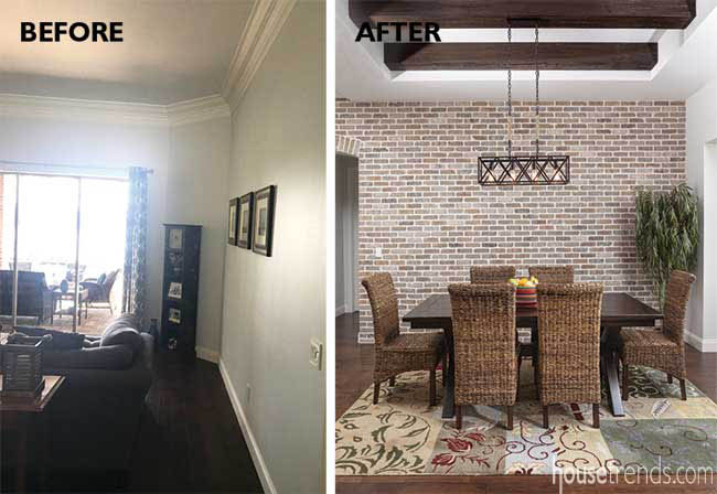 Brick focal wall in a formal dining room