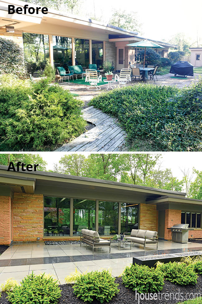 Windows overlook an outdoor patio