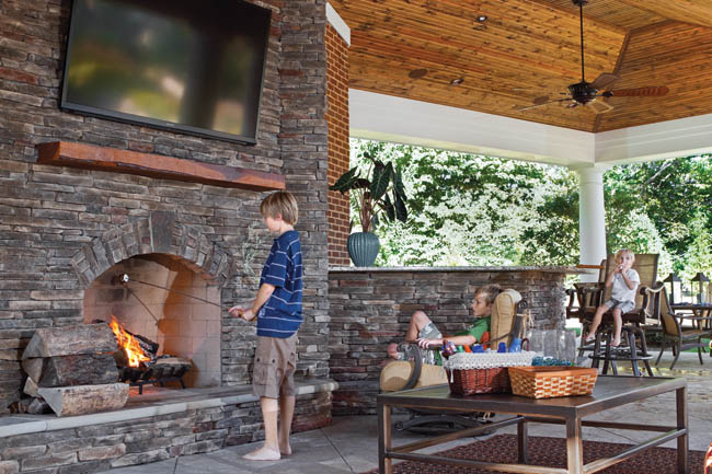 Fireplace warms up a pool house