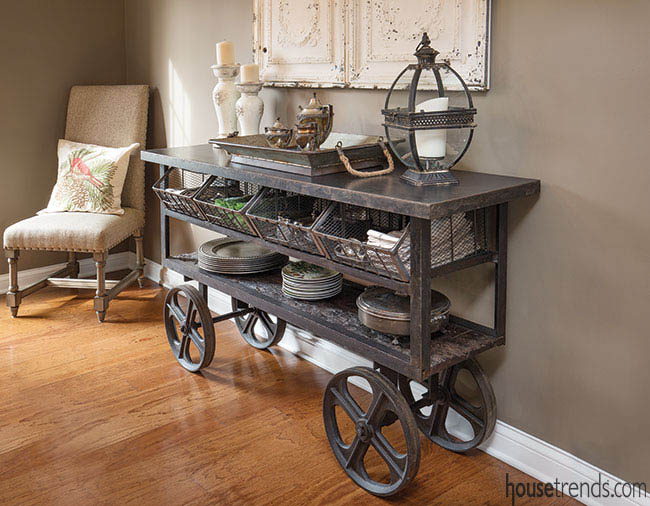 Rustic cart doubles as a buffet table