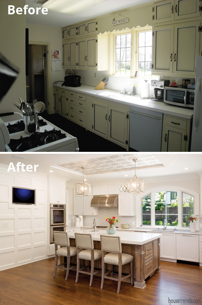 Crisp white kitchen with wood island