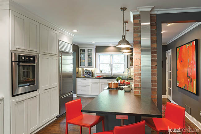 Brick pillar is cleverly worked into a kitchen remodel