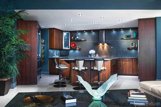 Backsplash shimmers in a gourmet kitchen