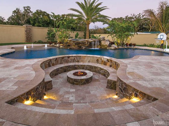 Travertine pavers round out a patio design
