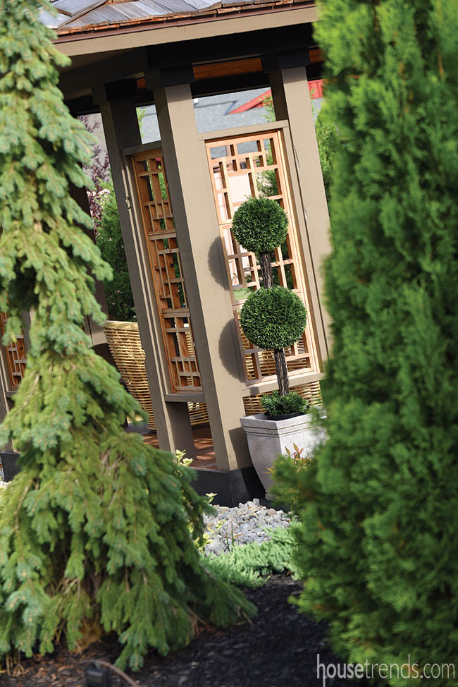 Topiaries add visual interest to a back yard