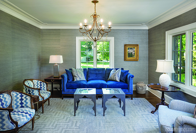 This formal living room is a study in blue.