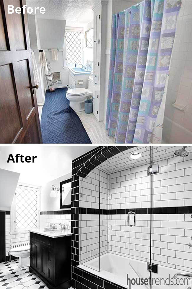 Bathroom remodel with black and white tile