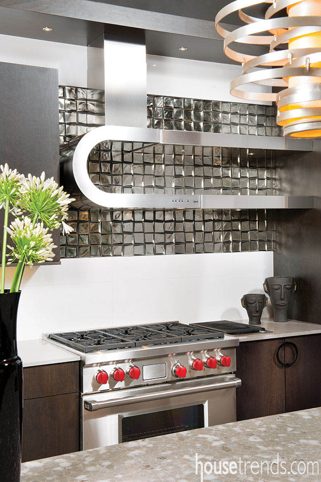 Floating shelves extend an eye-catching range hood