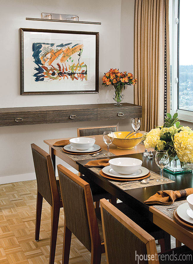 Artwork adds interest to a dining area