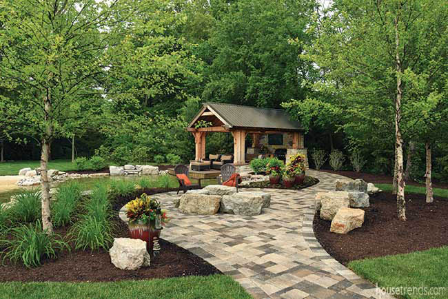 Walkways lead toward an outdoor structure