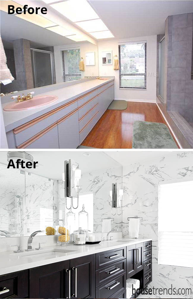 Porcelain tile mimics marble in a master bathroom