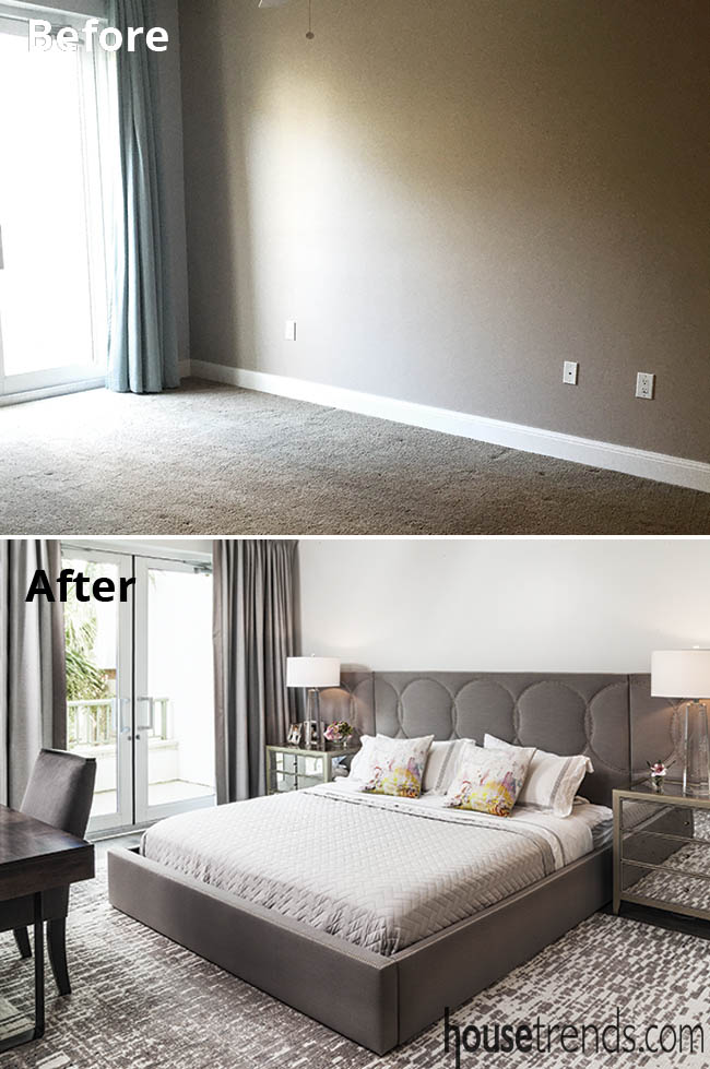 Fabric headboard in a master bedroom