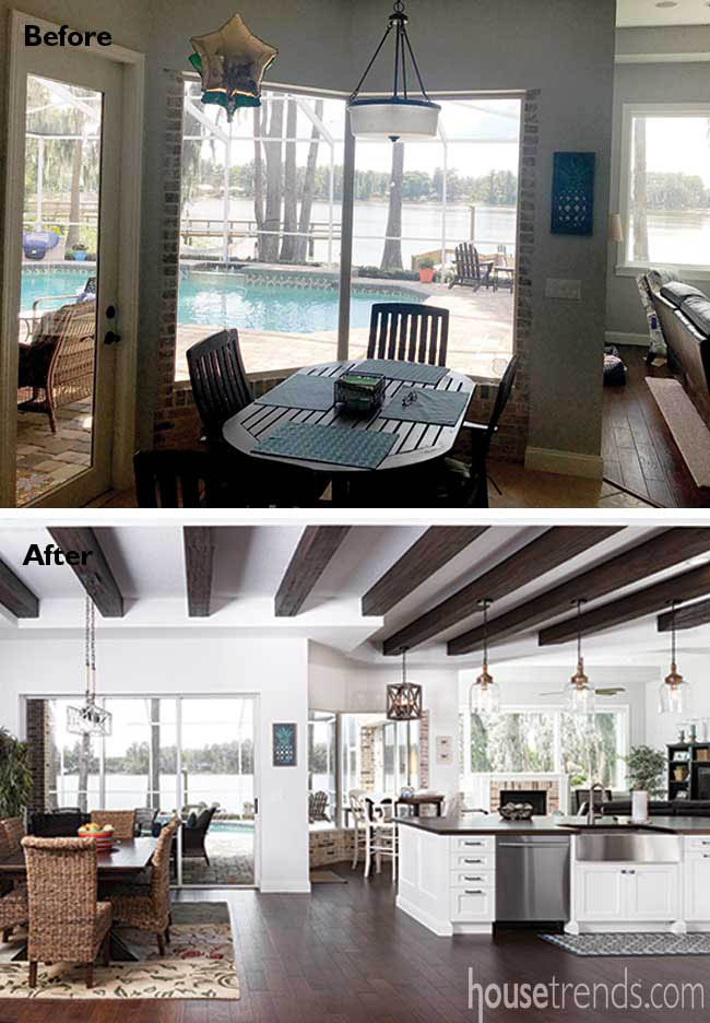 Ceiling beams complement the flooring