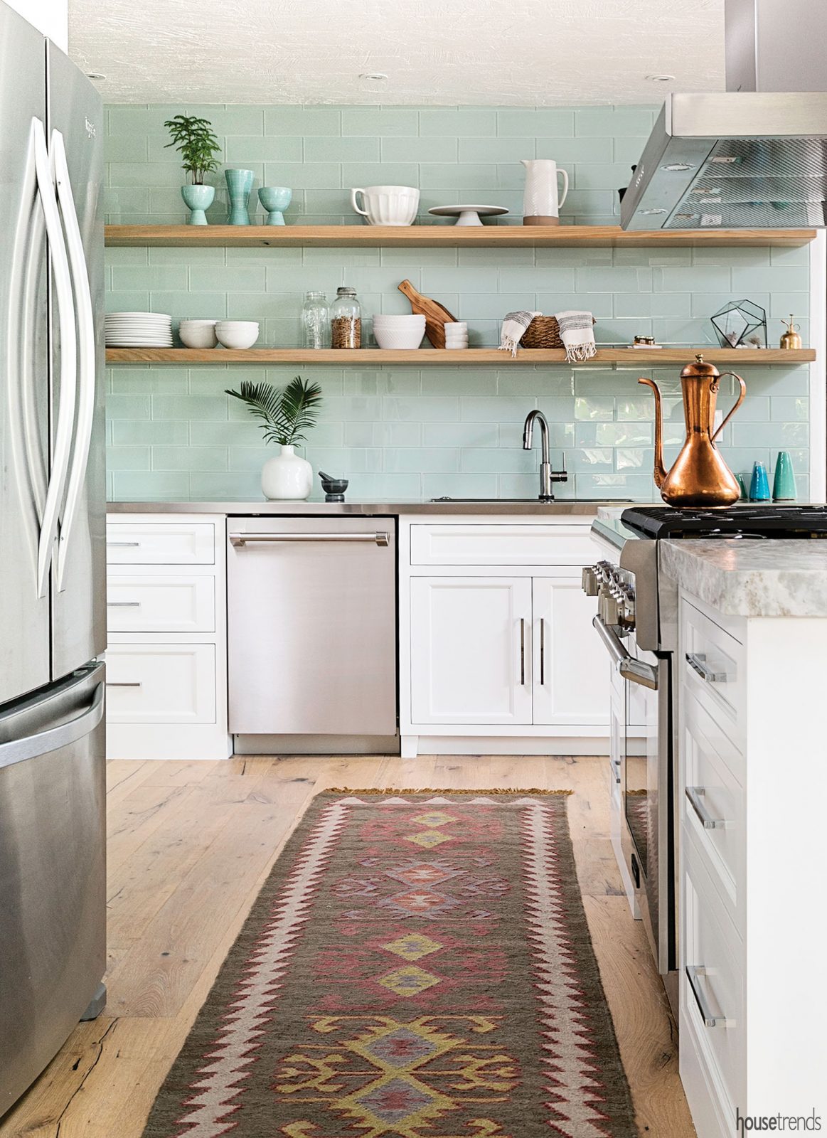 Open shelving replaces upper kitchen cabinetry