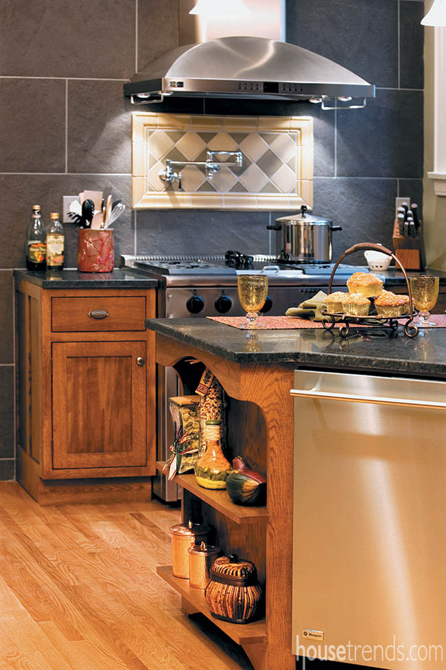 Remodeled kitchen boasts wall of tile