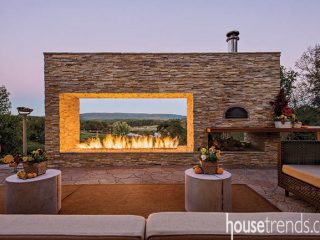Outdoor fireplace highlights the view