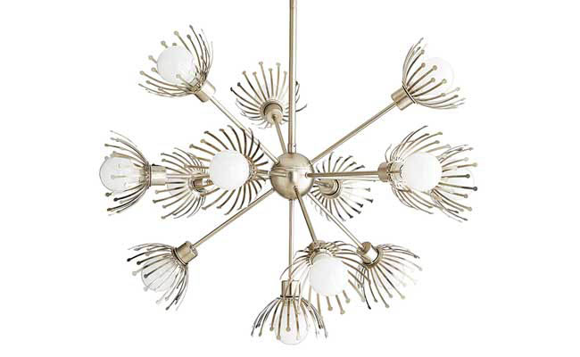 Silver finish coats a chandelier