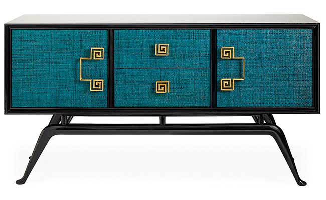 Credenza coated in a colorful peacock blue