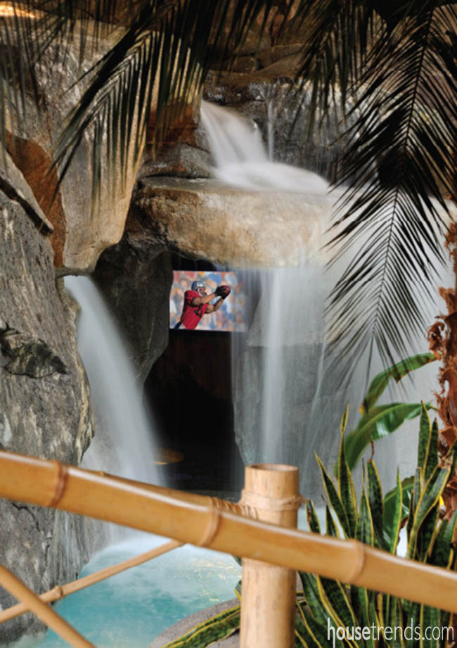 A nearby television brings this hot tub area into the modern world