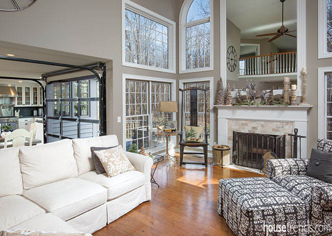 Great room meshes with a nearby kitchen design