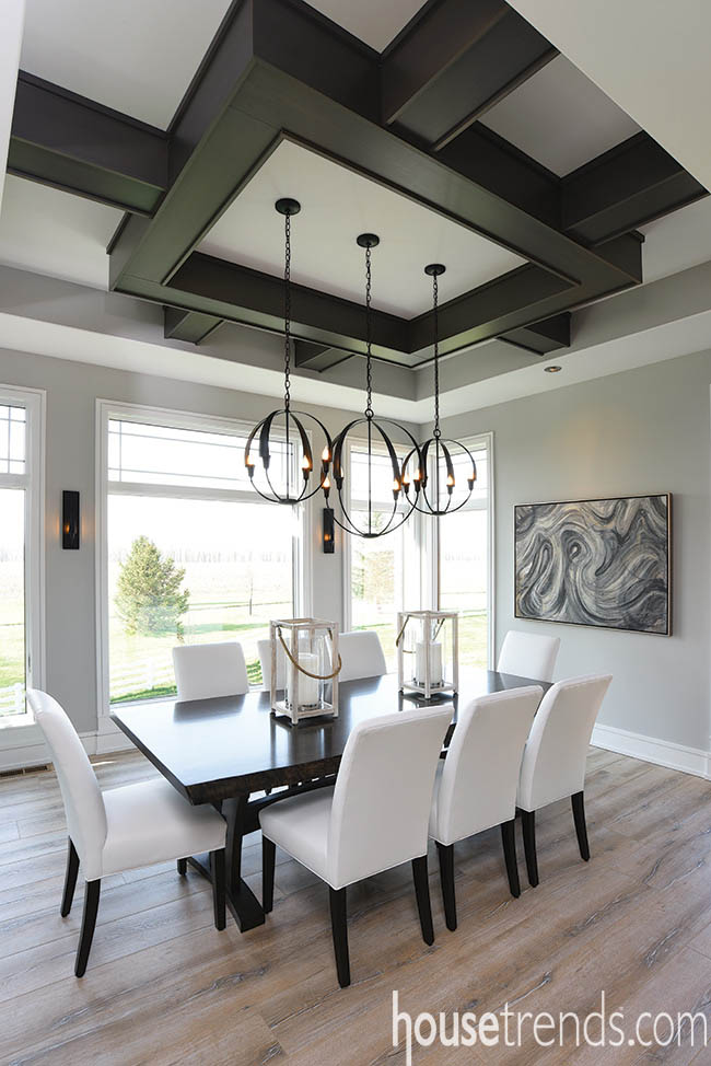 Dining room chairs pop against a dark table
