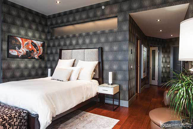 Artwork pops in a master bedroom
