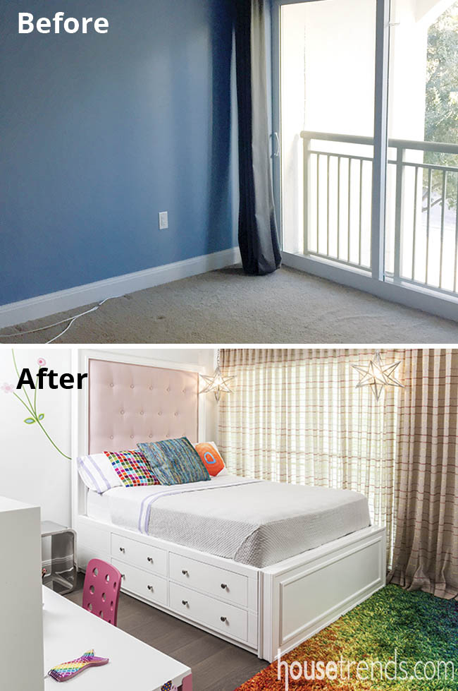 Throw pillows add a splash of color to a bedroom