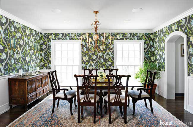 Patterned wallpaper adds spunk to a dining room