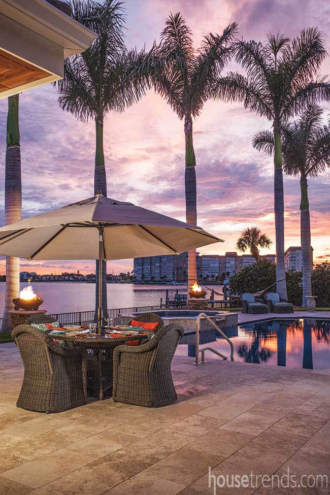 Fire bowls glow against a gorgeous back drop