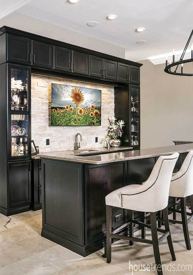 Fireplace transformed into a home bar