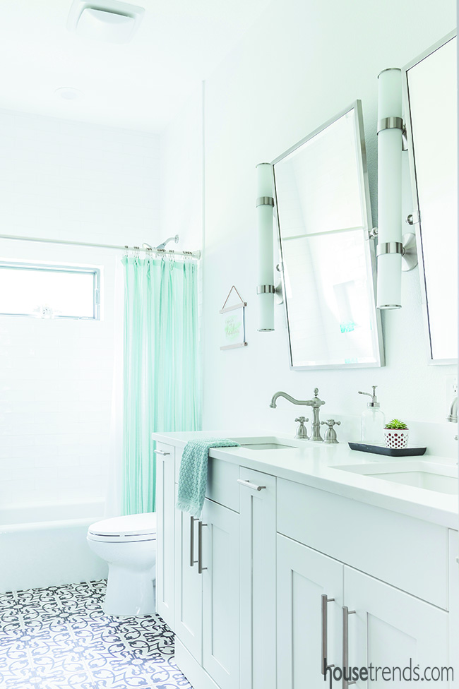 Black and white cement tile in a kids' bathroom