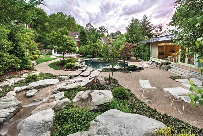 Back yard with a variety of entertaining areas