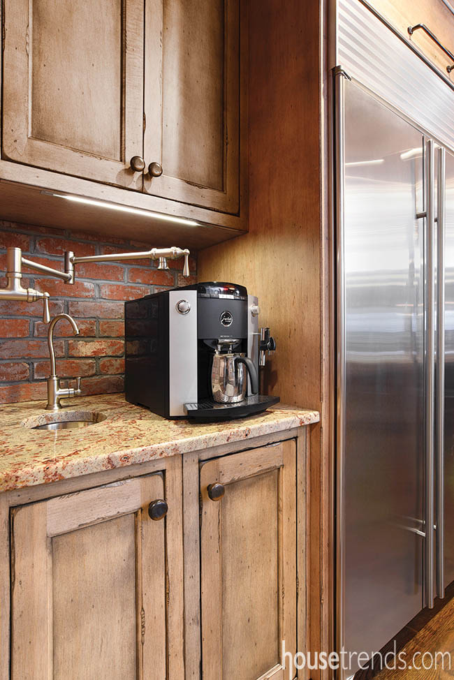 Cabinetry hides beverage station essentials