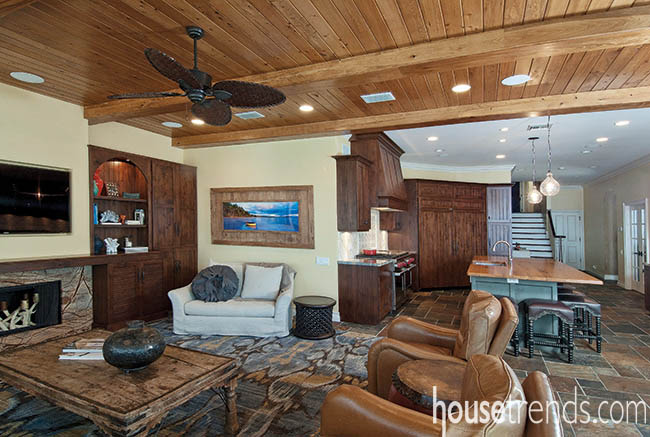 A family room renovation matches a kitchen design