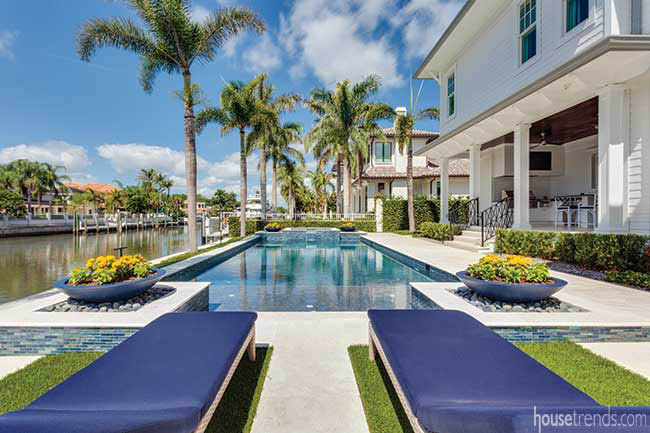Large planters anchor a pool