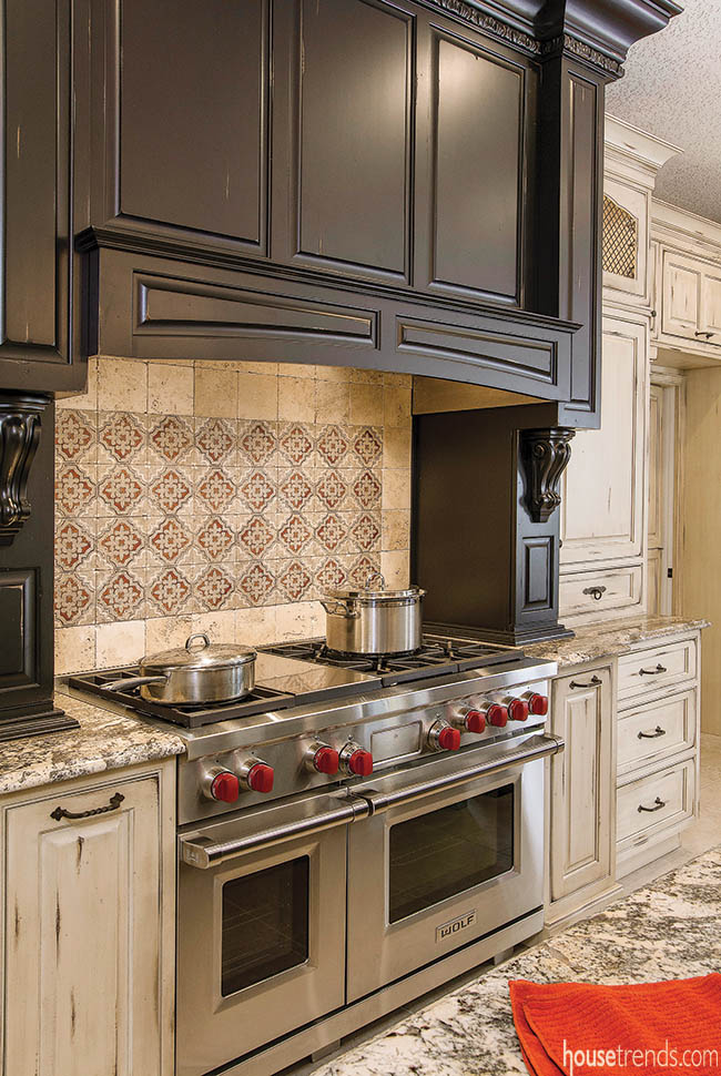 Backsplash design calls attention to custom appliances
