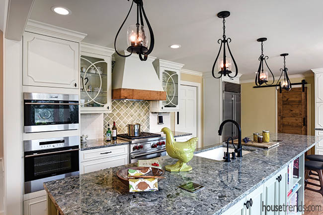 Quartz countertop stretches across a kitchen island