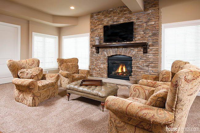 Fireplace adds a cozy touch to a lower level living room