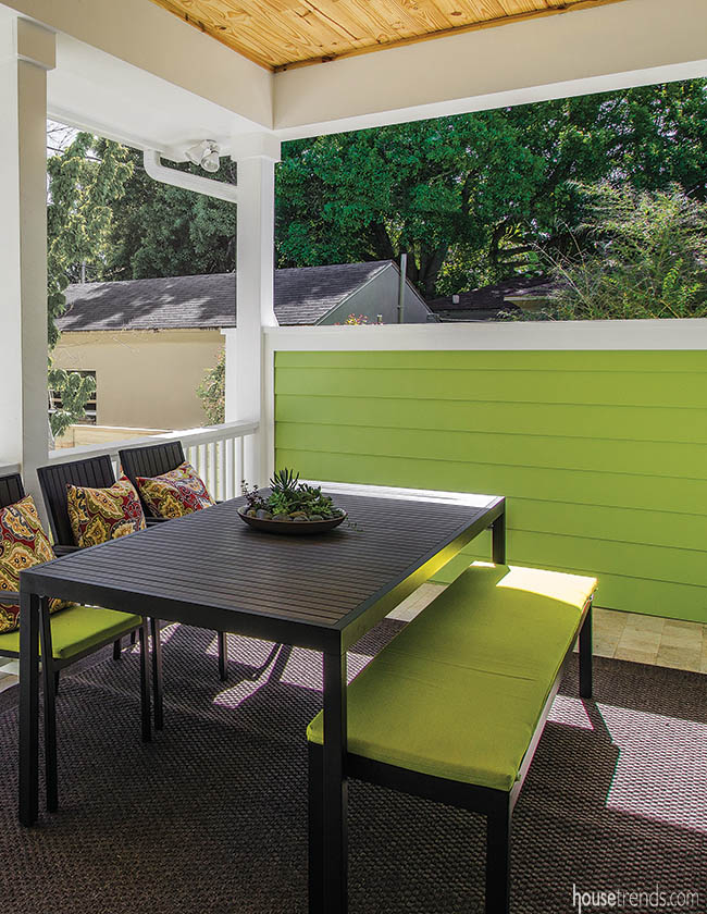Outdoor furniture cushions add small pops of color