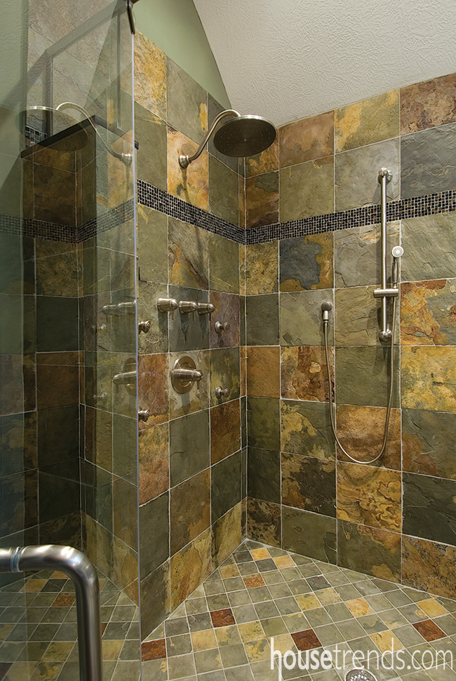 Slate tiles complement a shower design