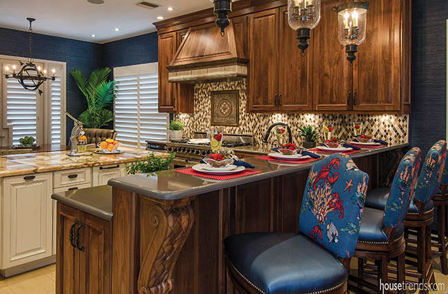 Living room decor flows into the kitchen design