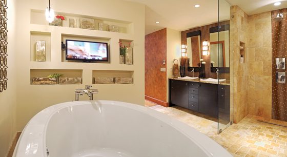 Large bath tub creates a soothing master bath retreat